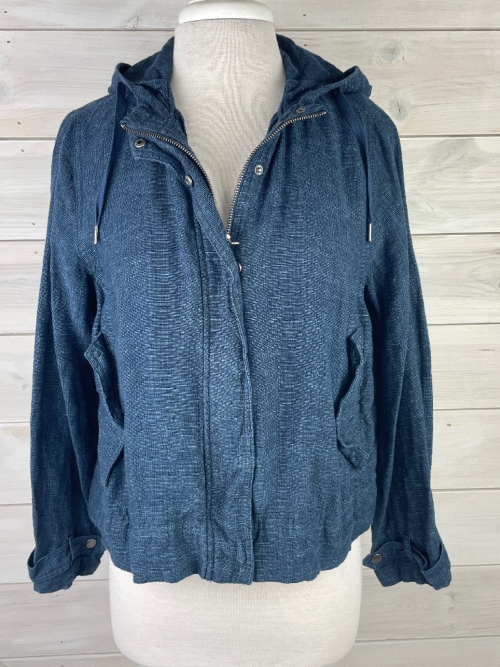 C & C California Denim Blue Linen Hooded Zip-up Jacket